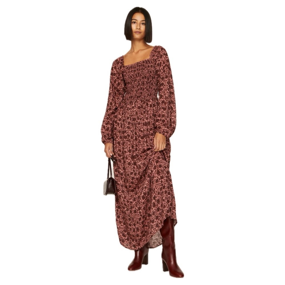 Faherty Susanna Smocked Floral Long Balloon Sleeve Maxi Dress Square Neck Medium